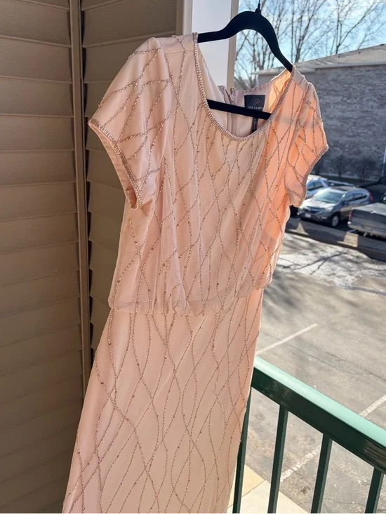 🆕✨ Adrianna Papell Blush Beaded Mesh Gown Maxi Dress Size 8 Sequin Nude Pink - Picture 5 of 16